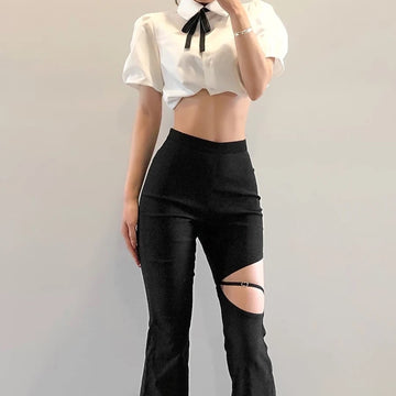 Gothic Black Flare Pants with Lace