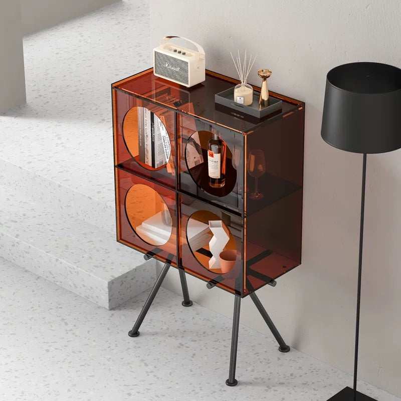 Acrylic display cabinet used as living room sideboard for decor and figurines