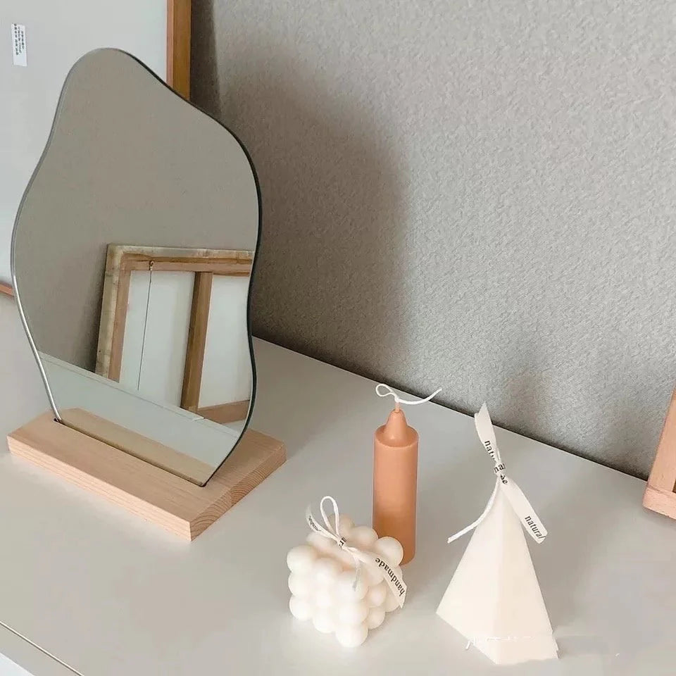 Wavy acrylic vanity mirror with wooden base. Cloud shape design perfect for soft girl room decor and aesthetic bedroom styles.