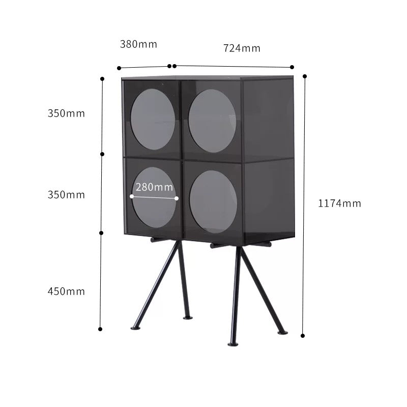 Measurement chart of a black speaker system with dimensions labeled.