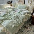 Soft pastel room featuring coquette Korean princess bedding setup
