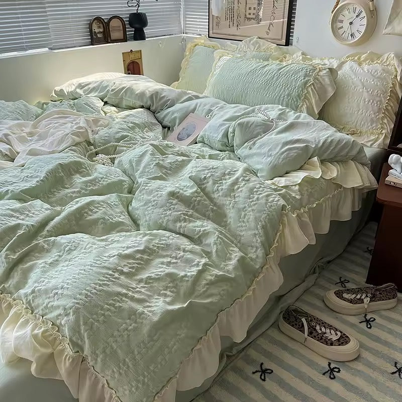 Soft pastel room featuring coquette Korean princess bedding setup