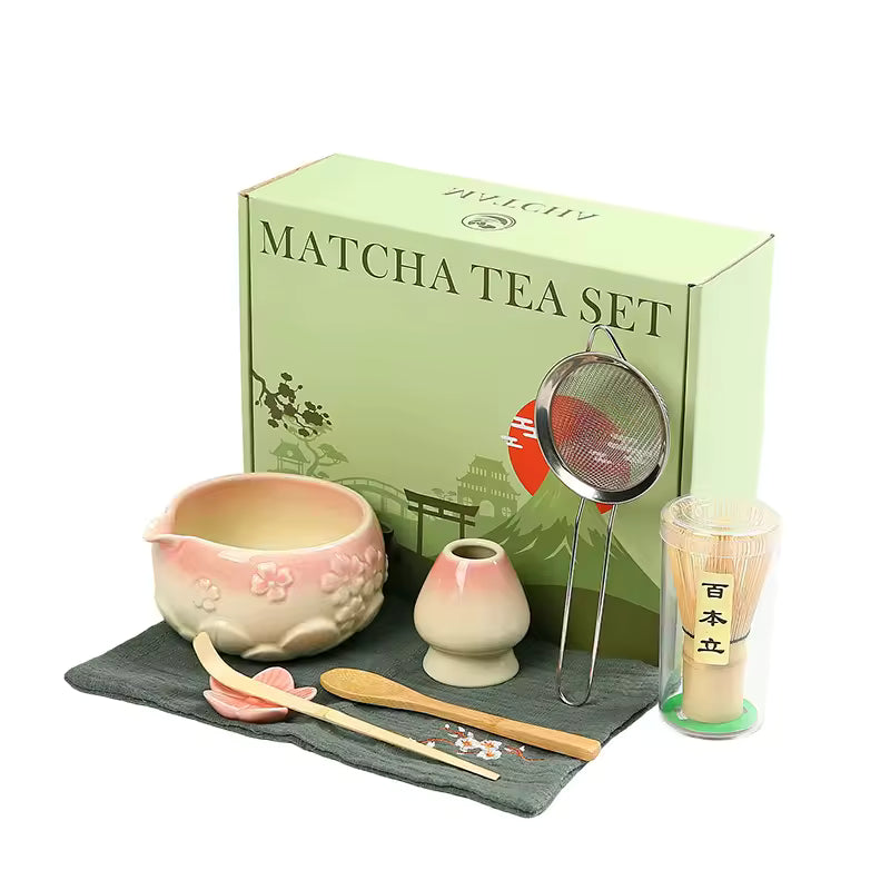 Matcha tea set with a green box labeled 'Matcha Tea Set' on a white background