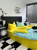 Cozy pink and green aesthetic bedding for double bed