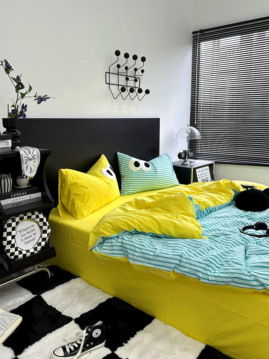 Cozy pink and green aesthetic bedding for double bed