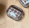 Brown checkered case with 'Serenity now' label on a wooden surface