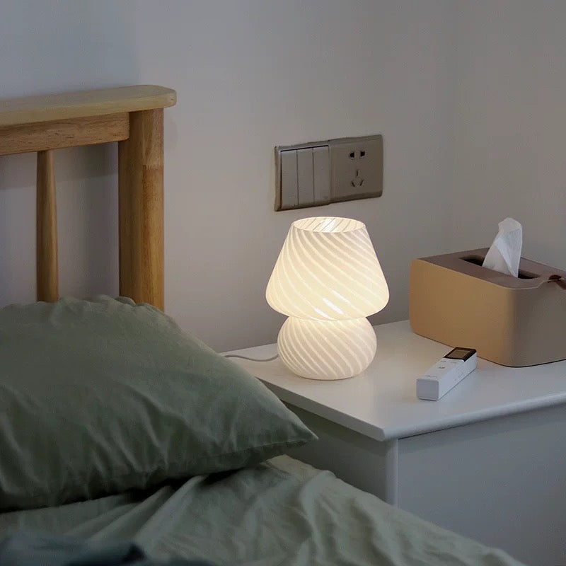 Vintage striped mushroom lamp for living rooms, bedside tables, and soft girl bedroom decor. Ambient LED light with USB plug.