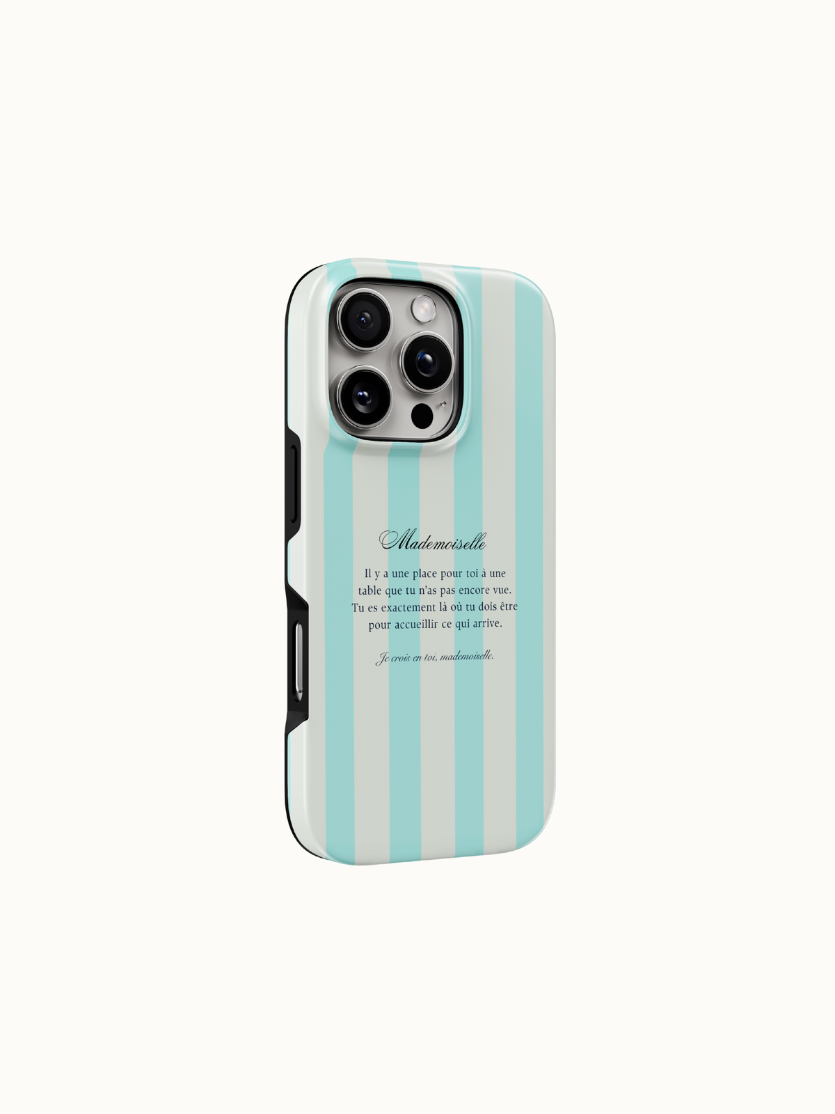 Aqua striped phone case close up of the raised bezel and glossy edge, tough aqua iPhone case by The Feelz