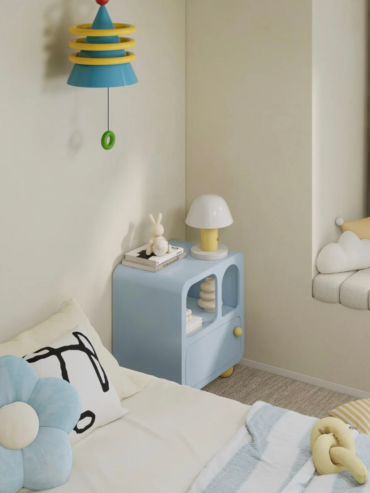 A blue arched nightstand appears beyond the bed in a wide angled view, with a lamp on its textured top.