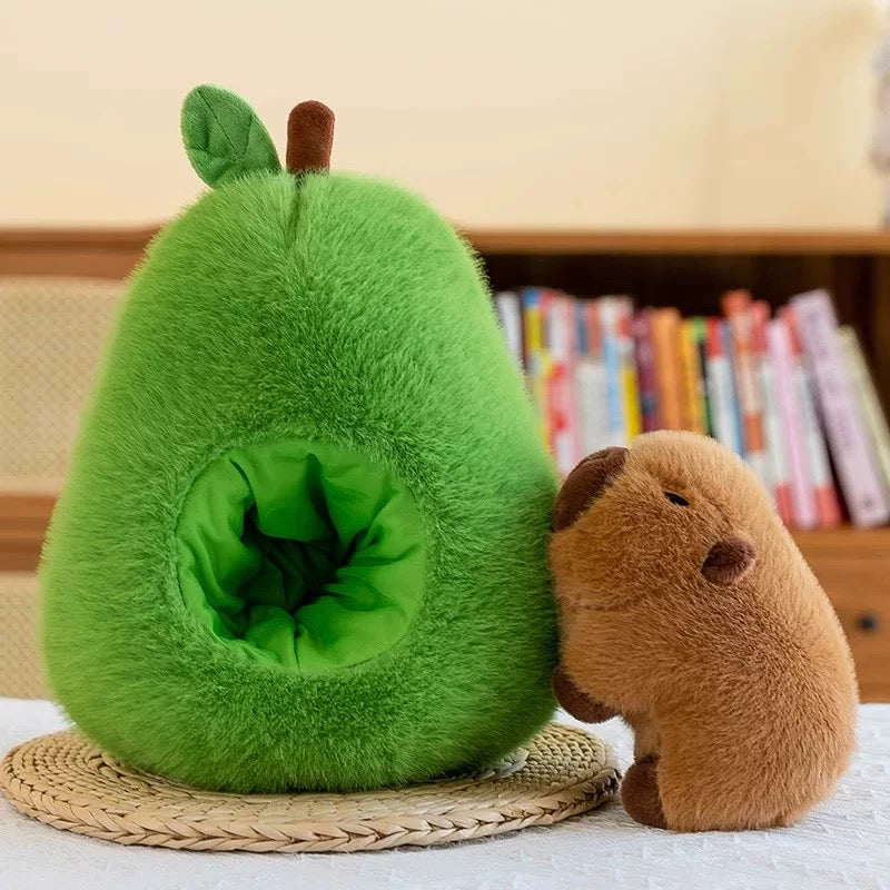 Kawaii avocado-shaped plush toy with a removable capybara inside