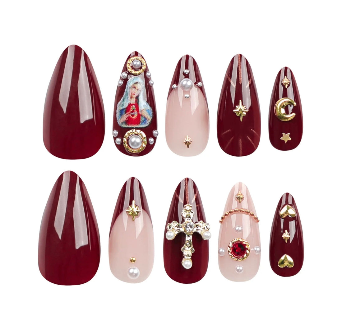 Pink Gradient Almond Fake Nails with Cross Design