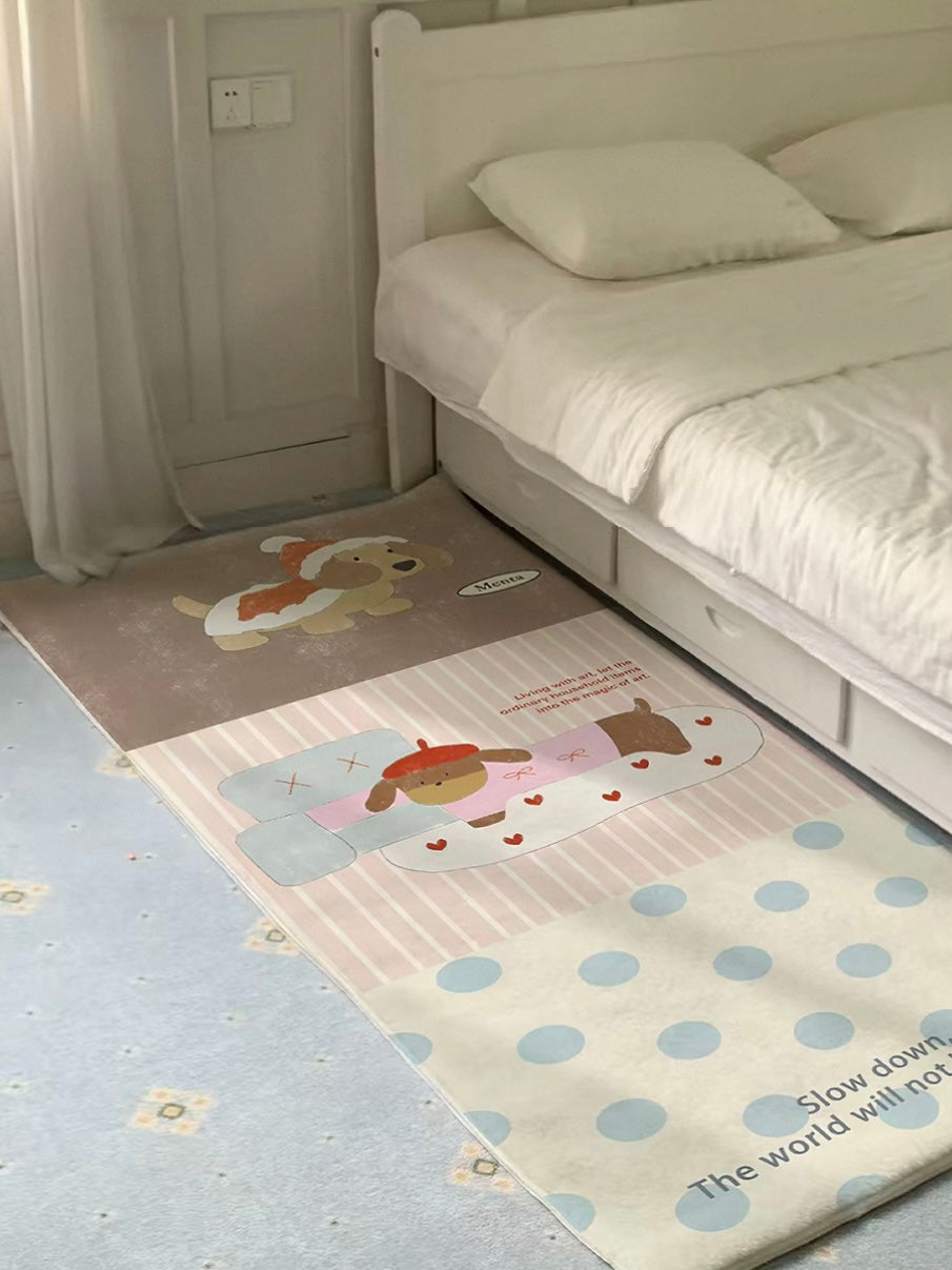 A blue polka dot rug panel extends beside a bed, below pale stripes and brown cartoon dog artwork.