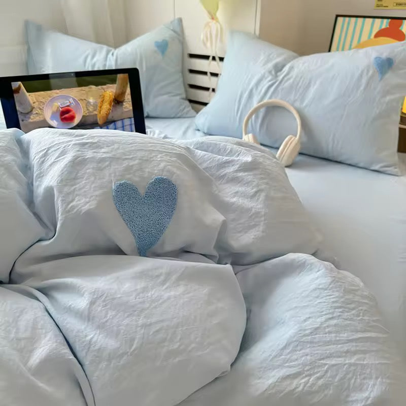 Minimalist soft girl bedroom featuring 4-piece blue cotton bedding set