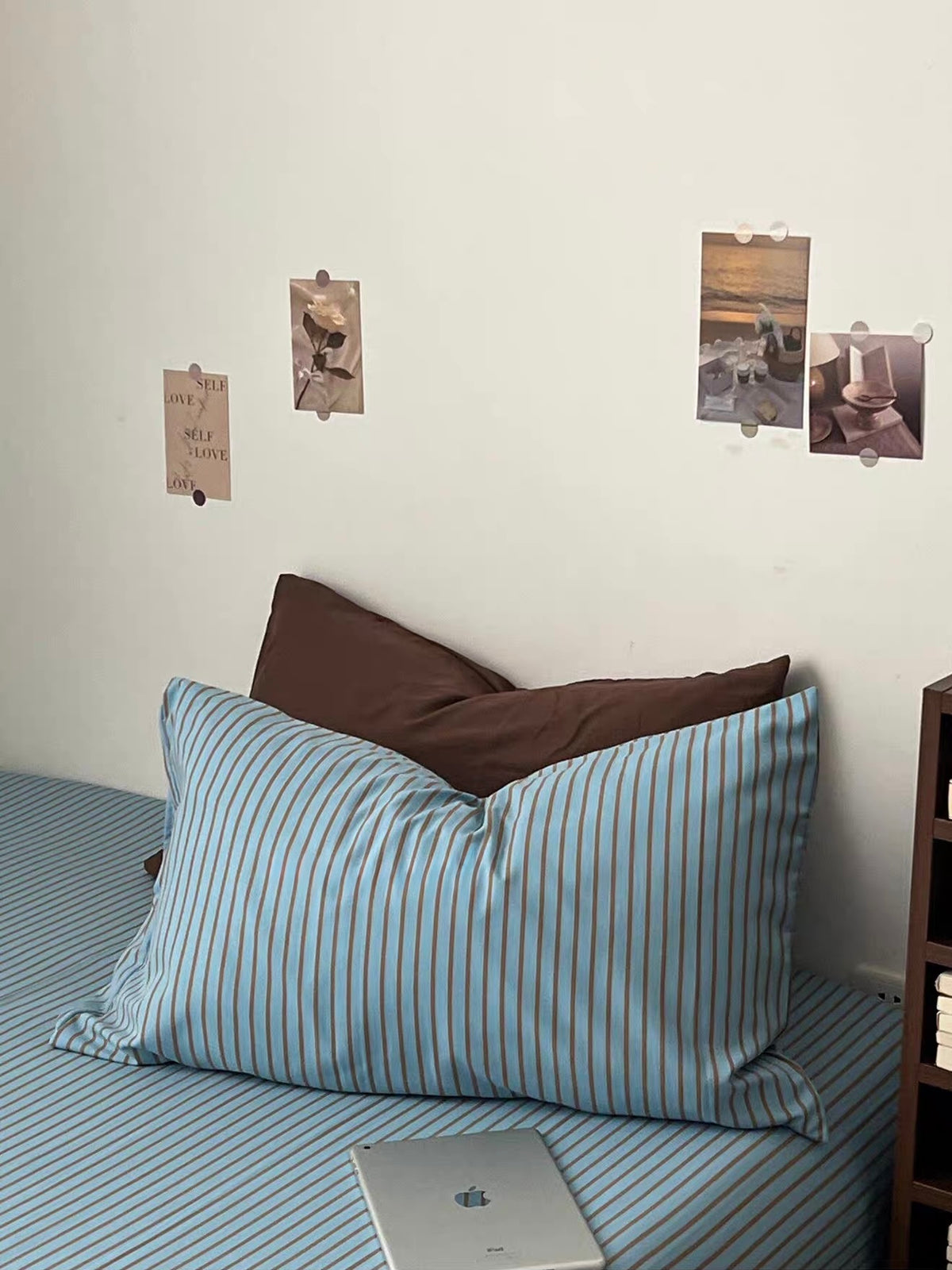 Blue striped pillowcases on the matching sheet with a brown pillow behind