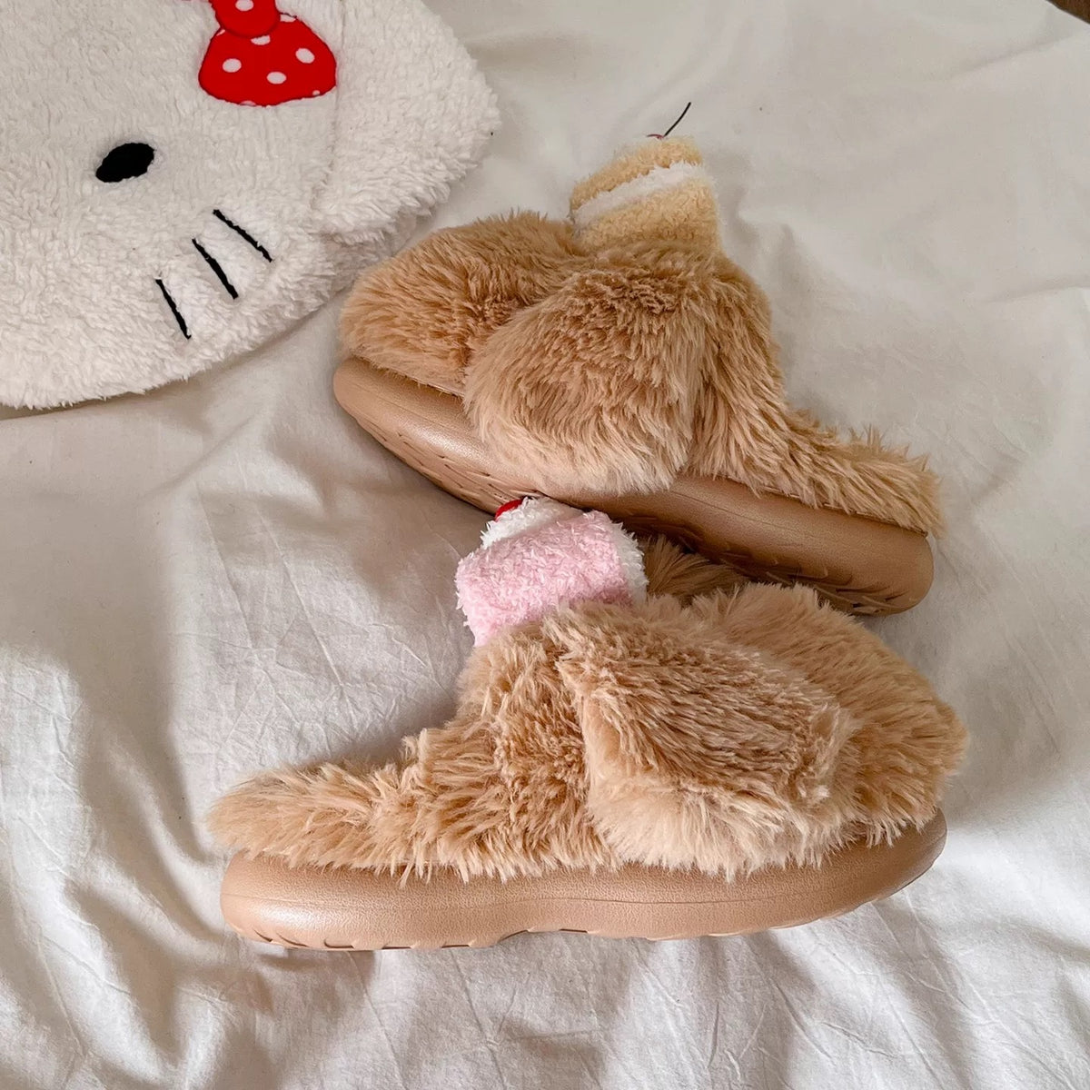 Brown dog house slippers with plush puppy face and dessert detail