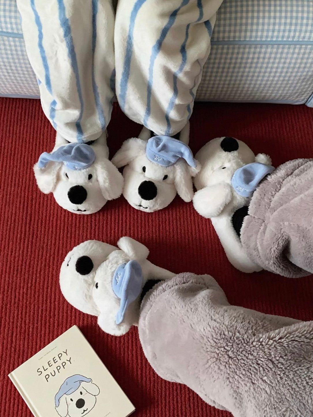 Brown and white puppy slippers styled together in a cozy room