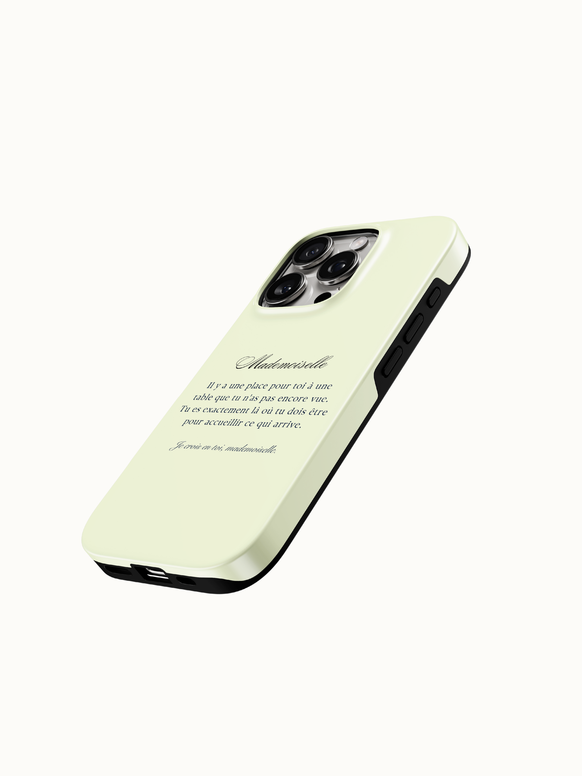 Butter yellow phone case close up of the Mademoiselle French poem print, glossy French girl aesthetic case from The Feelz