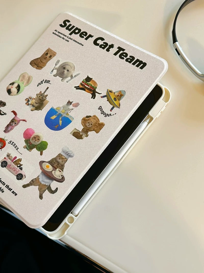 Korean-style iPad case with cats in hats, UFOs, burgers, and more