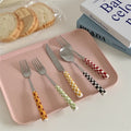 Ceramic Handle Plaid Cutlery – Stylish Tableware for Elegant Dining