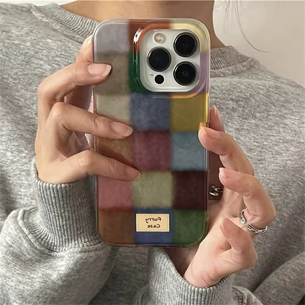Retro color block iPhone case with colorful checkered design