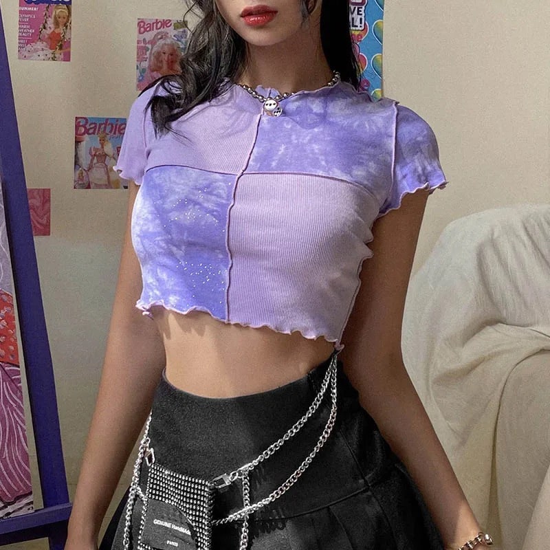 Tie dye crop top with sequin patchwork in purple