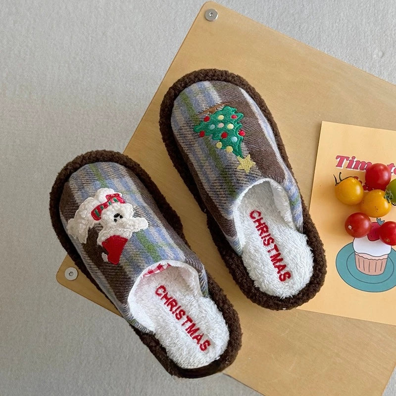 Brown Christmas house slippers with puppy and Christmas tree designs