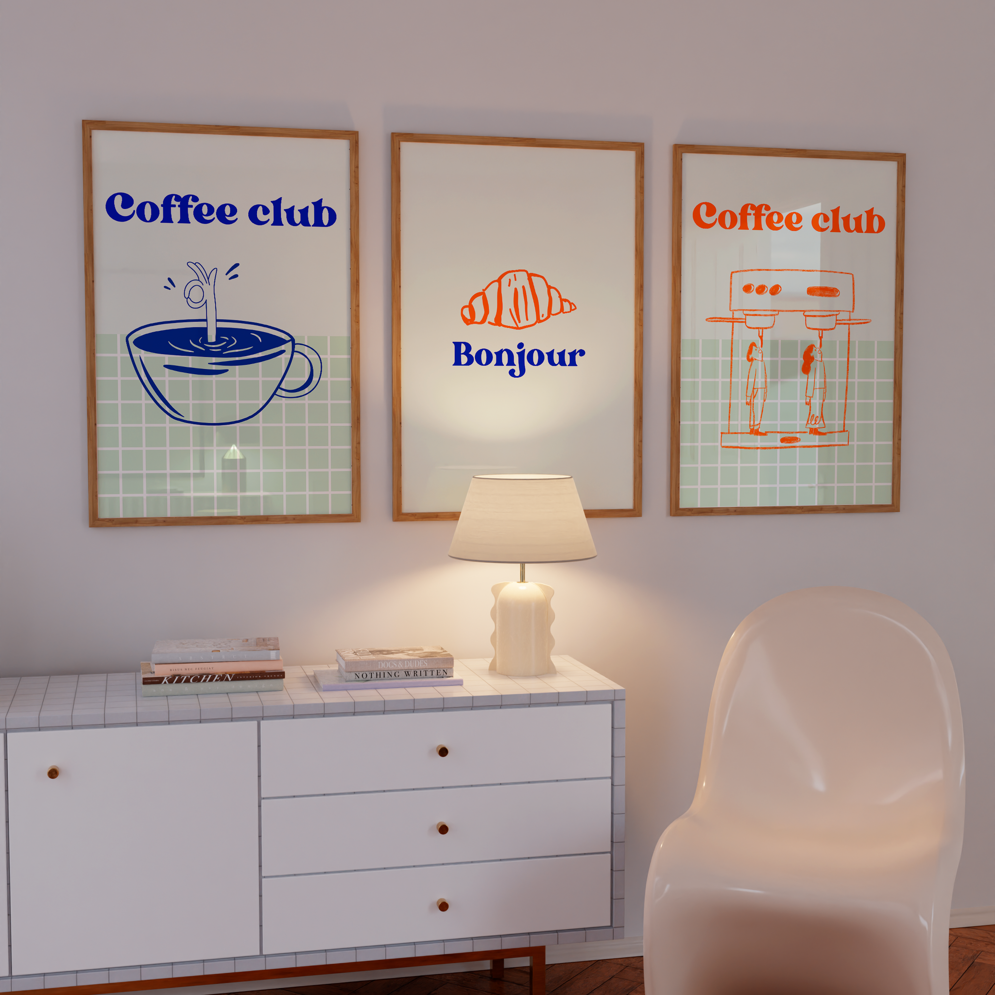 Hand-drawn coffee cup poster in blue and mint grid background