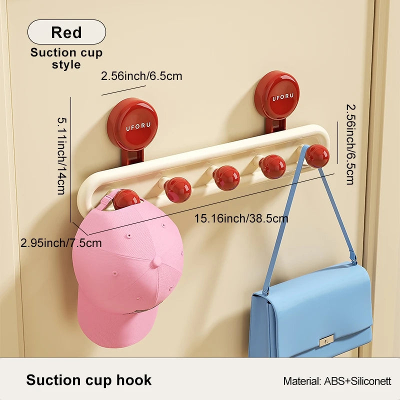 Suction cup hook with red hooks displaying dimensions and product details on a beige background.