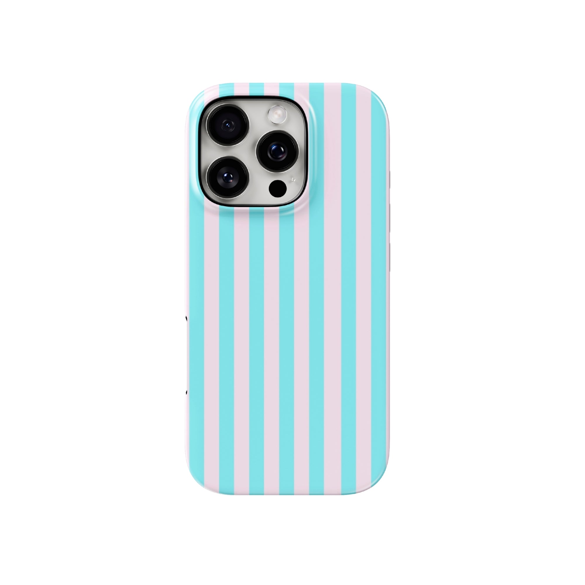 Phone case with blue and pink vertical stripes on a white background