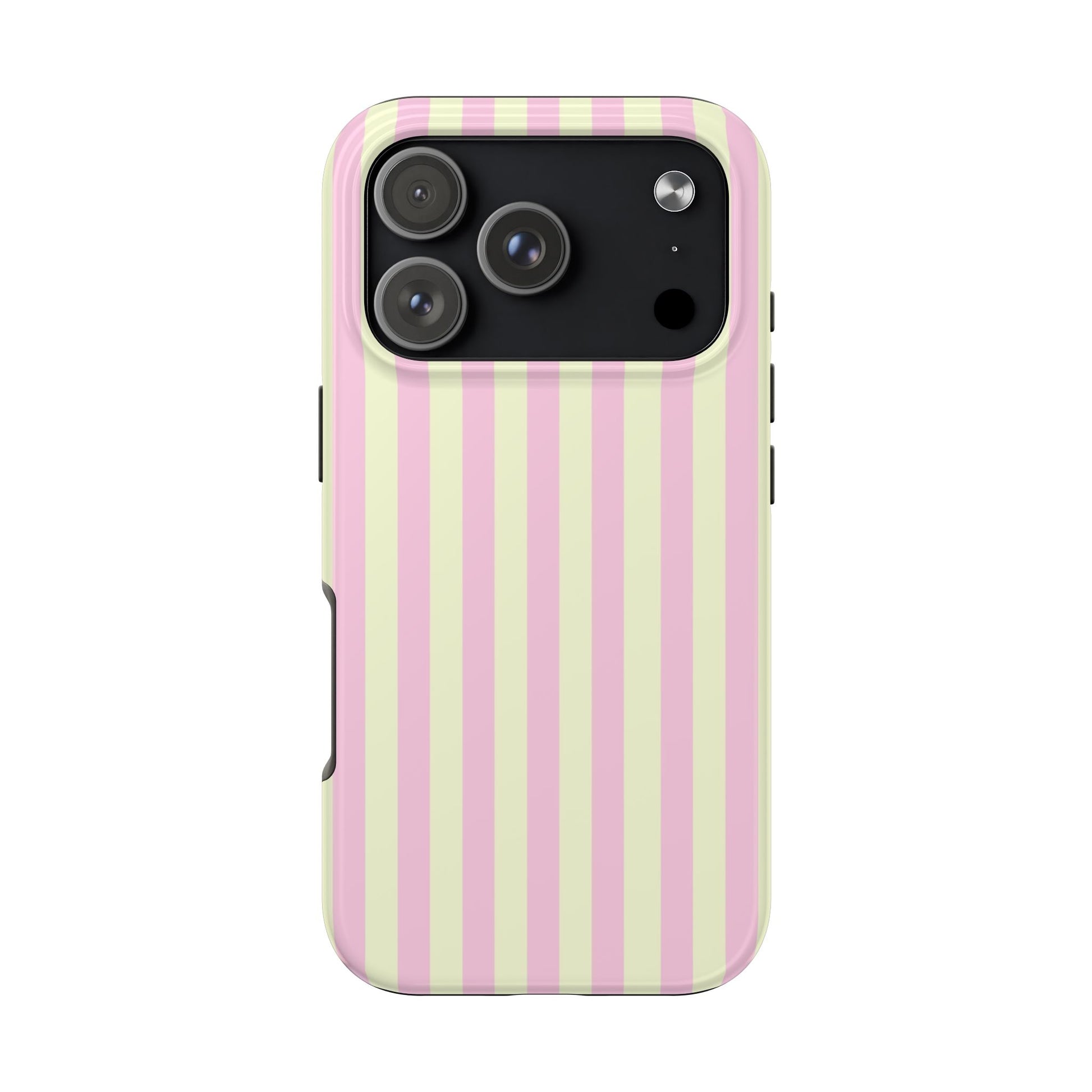 Phone case with pink and yellow vertical stripes on a white background