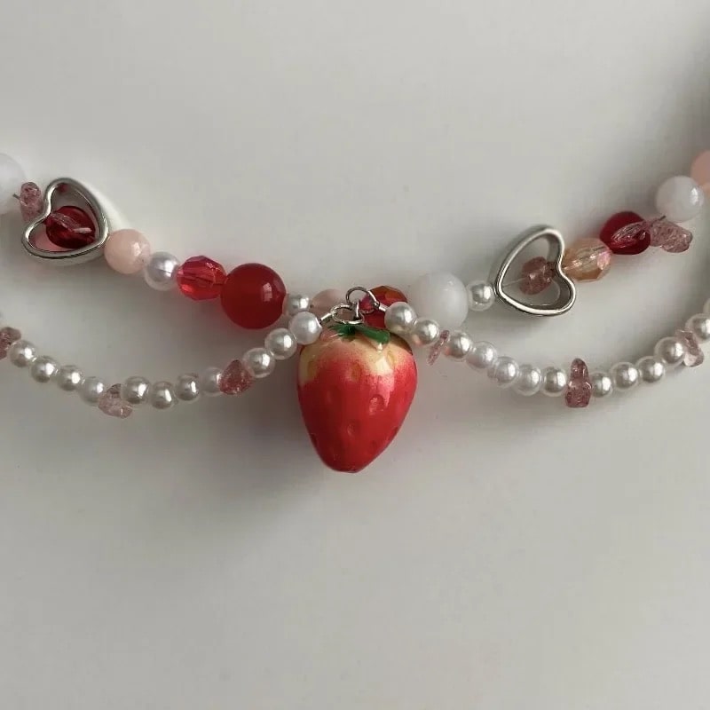 Strawberry necklace choker with pearls for cottagecore style