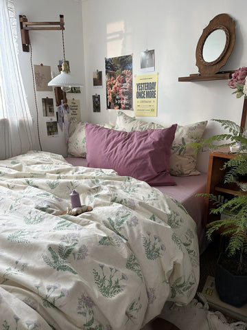 Soft botanical cotton bedding set featuring delicate wildflowers creating cottage-inspired comfort for everyday home.