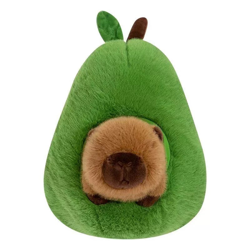 Capybara plush hugging avocado toy in soft aesthetic setting