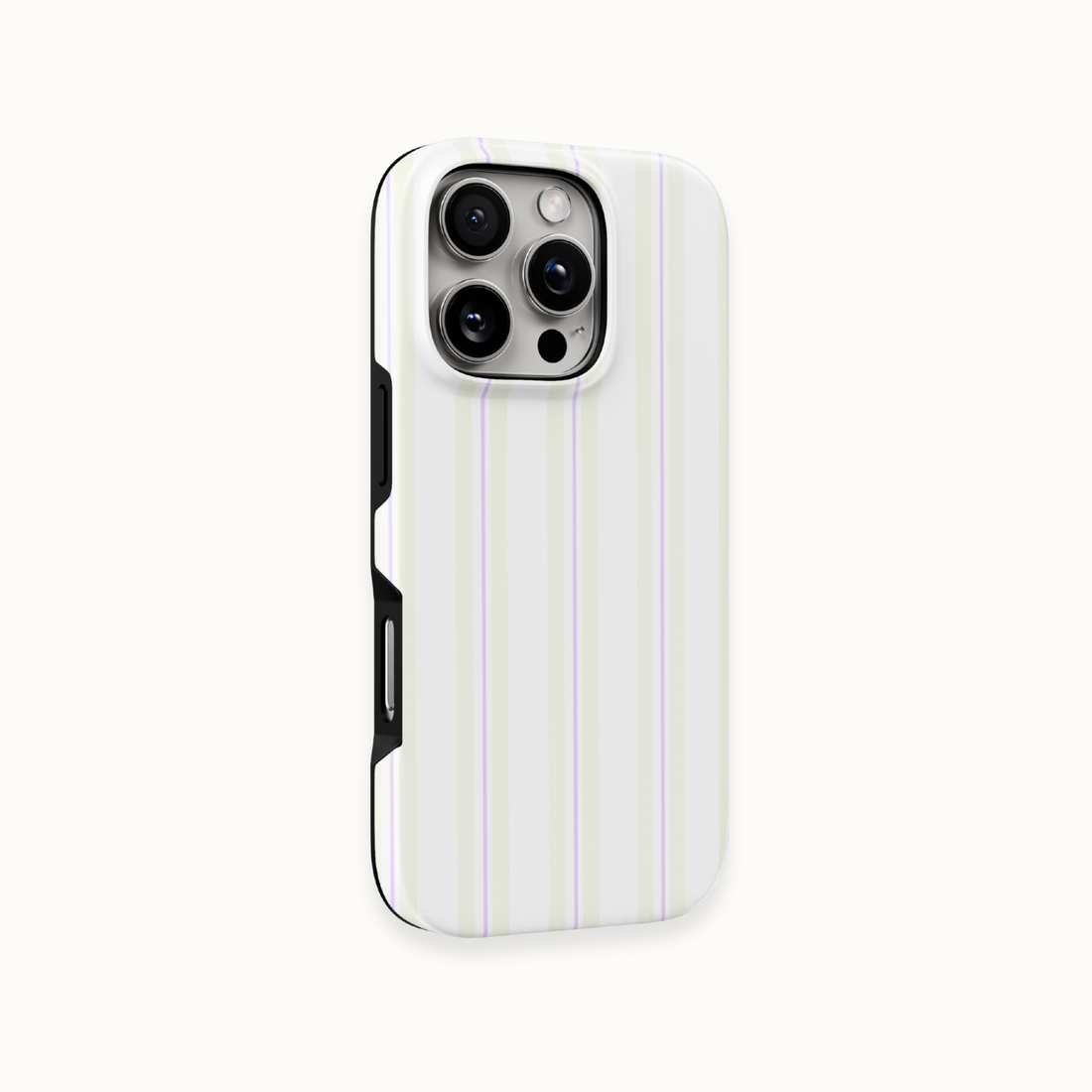A white phone case with vertical pastel stripes in light purple, beige, and green, shown on a light off-white background.