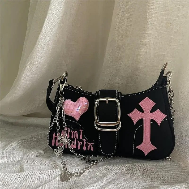 Bag with Cross Heart Pattern and Lettering