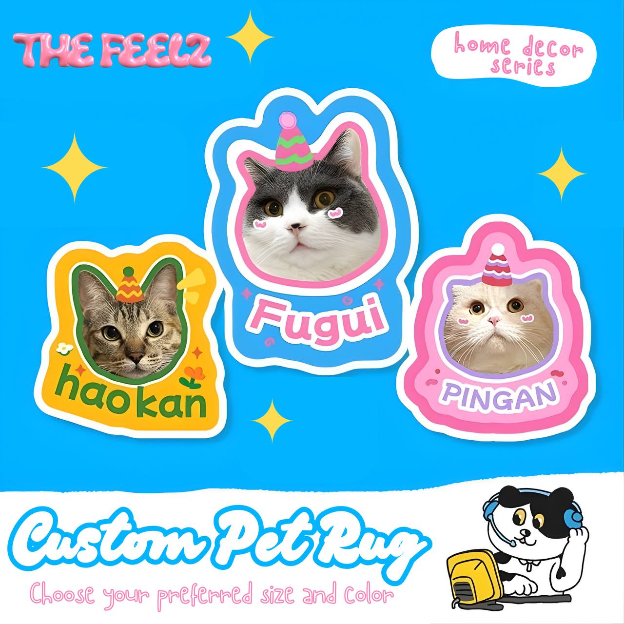 Three cat-themed stickers with names 'Fugui', 'haokan', and 'PINGAN' on a blue background with decorative elements.