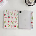 Tablet with floral case on a white surface