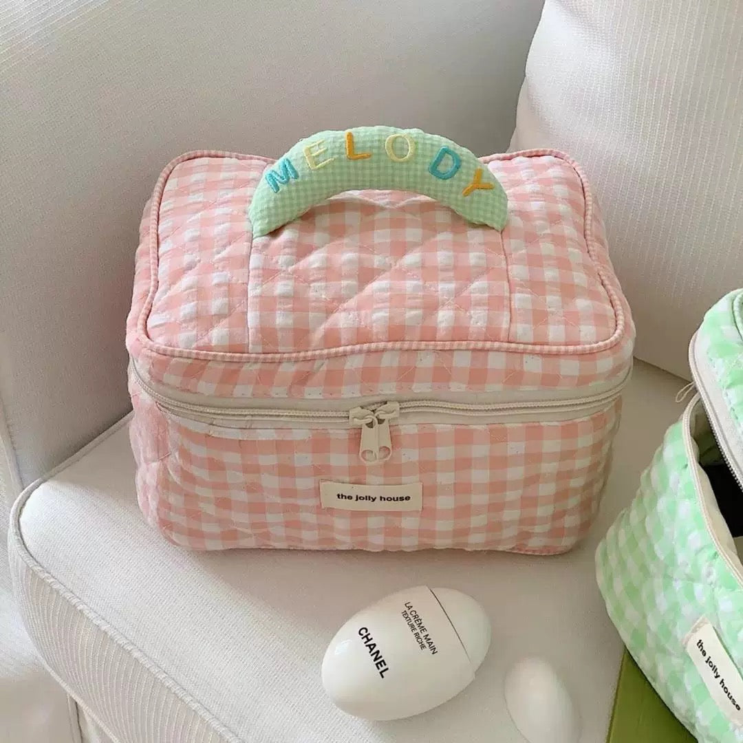 Soft girl aesthetic pastel plaid cosmetic bag for travel and everyday use