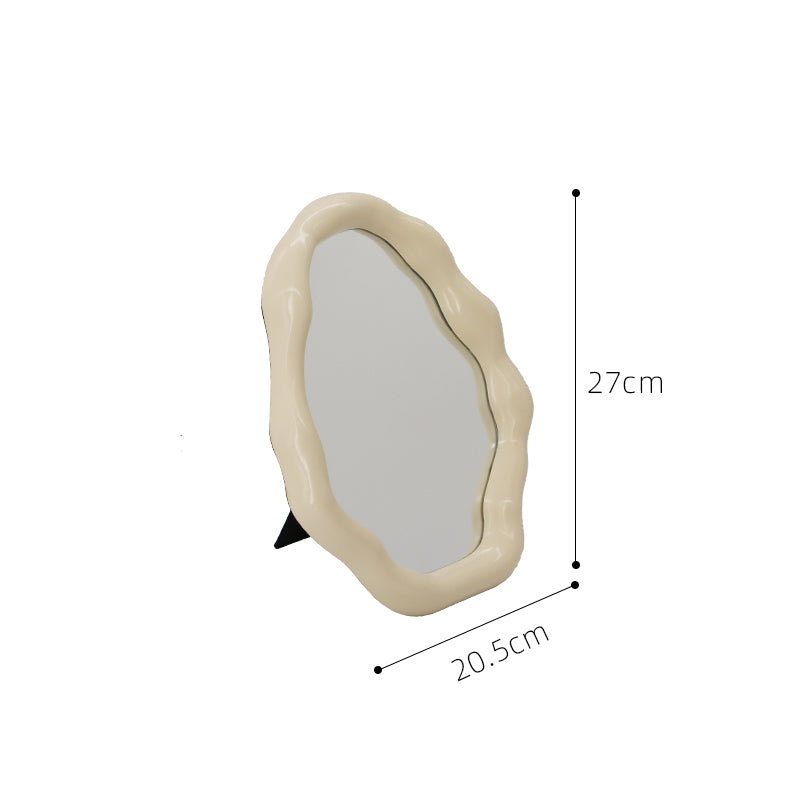Beige wall mirror with dimensions on a white background