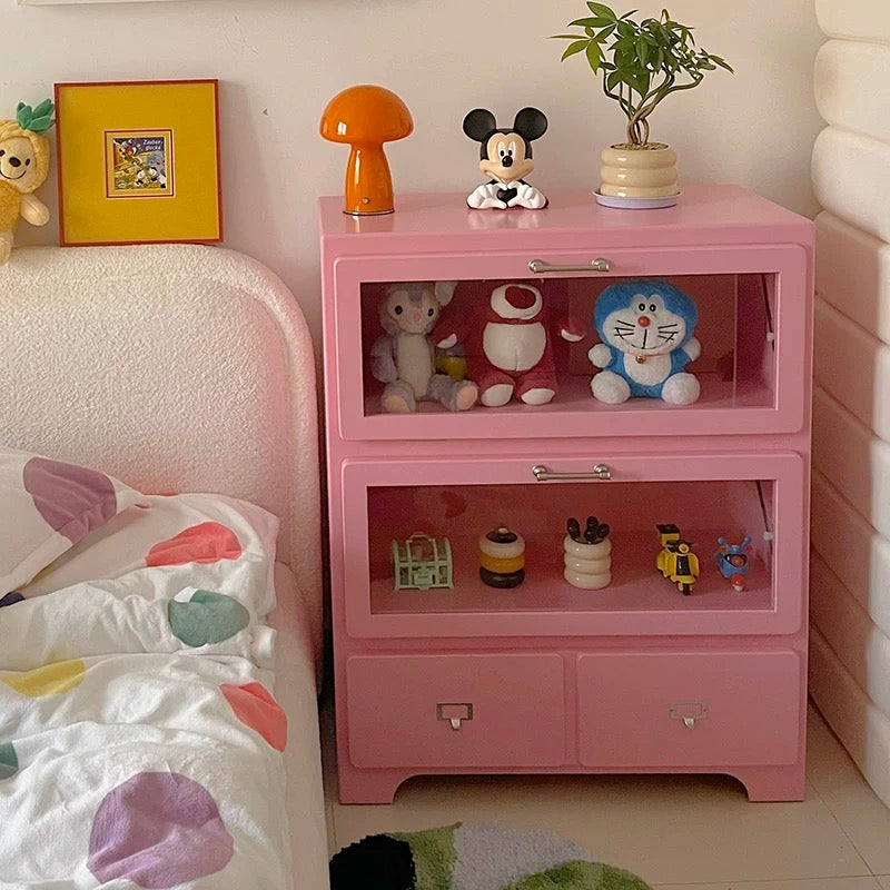 Cute pink figurine display cabinet combining storage and display for dopamine inspired room decor aesthetic