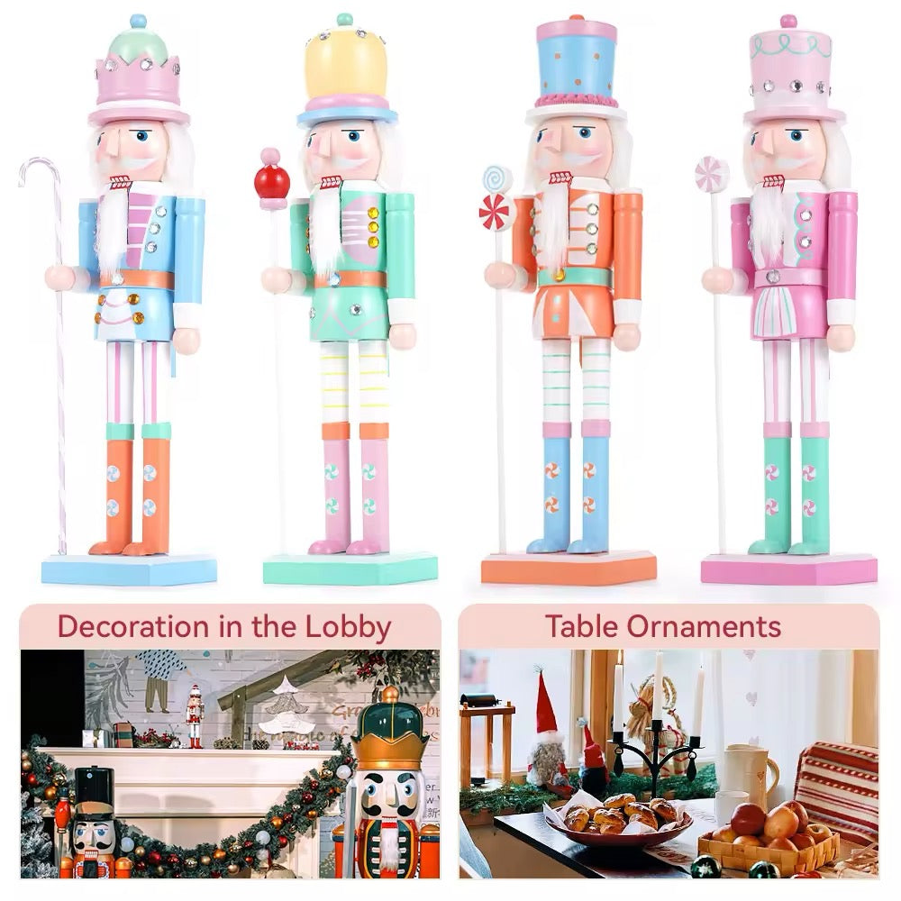 Whimsical pink nutcracker soldier decoration for Christmas. Handcrafted wooden ornament for festive home decor.