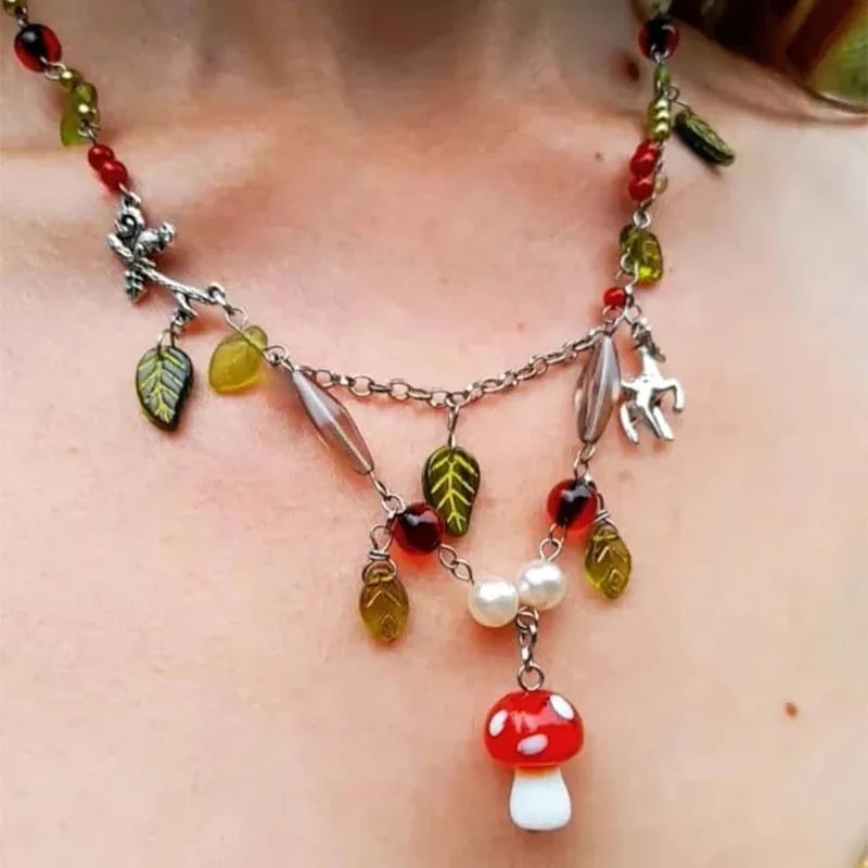 Red mushroom necklace with Amanita pendant