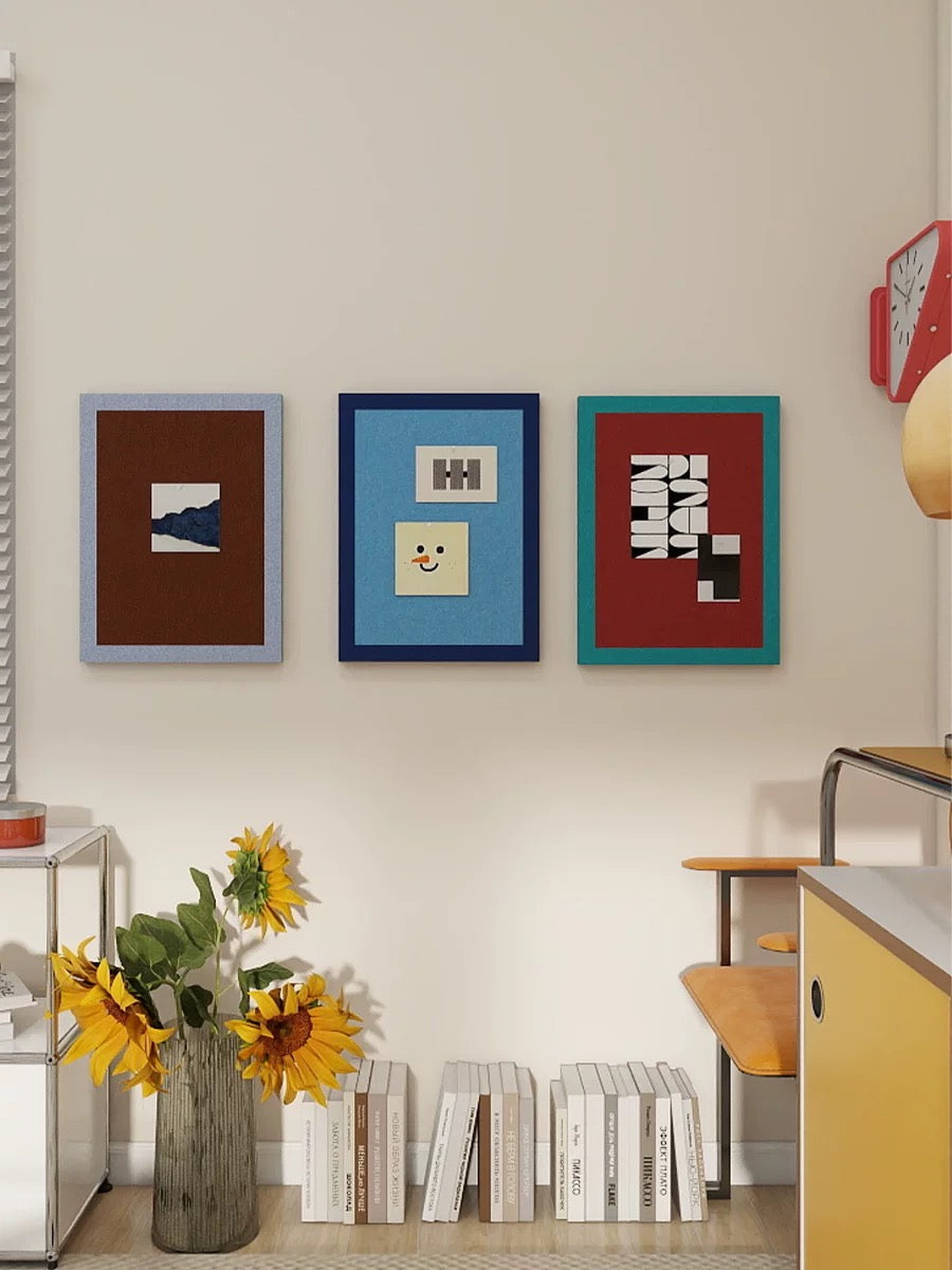 Three two-tone felt push pin boards styled as dopamine wall decor in a colorful living room.