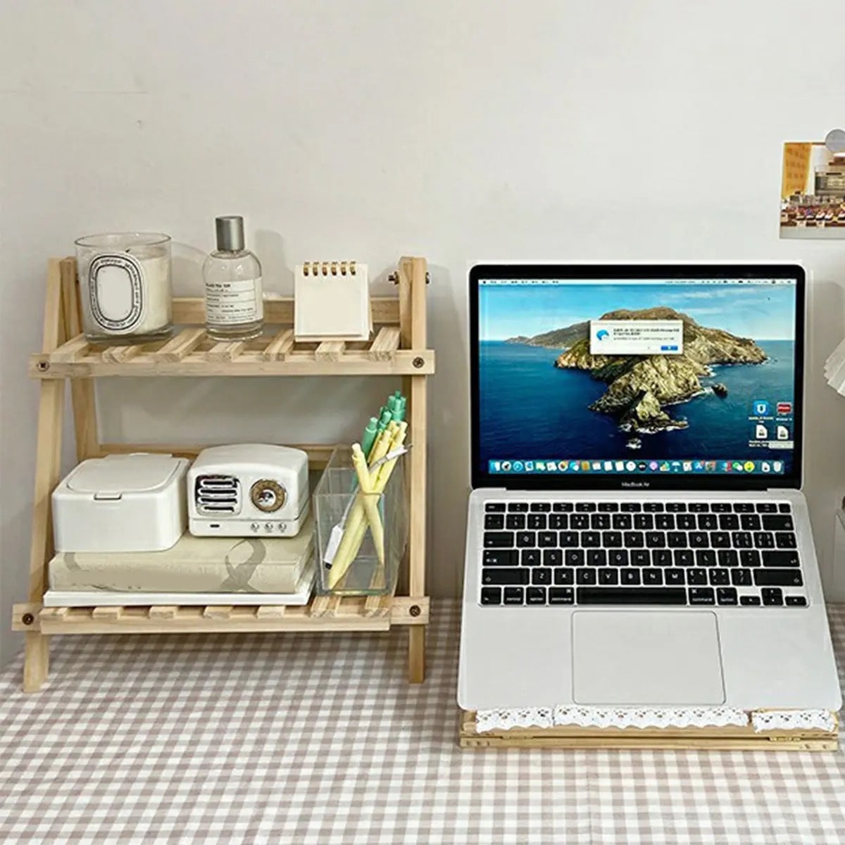 Multi-functional solid wood storage rack with two-tier design. Ideal for living room, bedroom, or office desk organization.