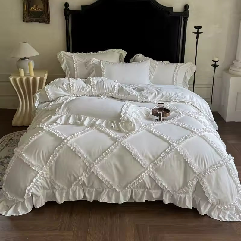 White French princess ruffle bedding set with double-layer lace and soft duvet cover.