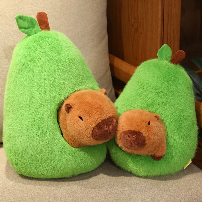 Close-up of fuzzy brown capybara stuffed toy with cute face