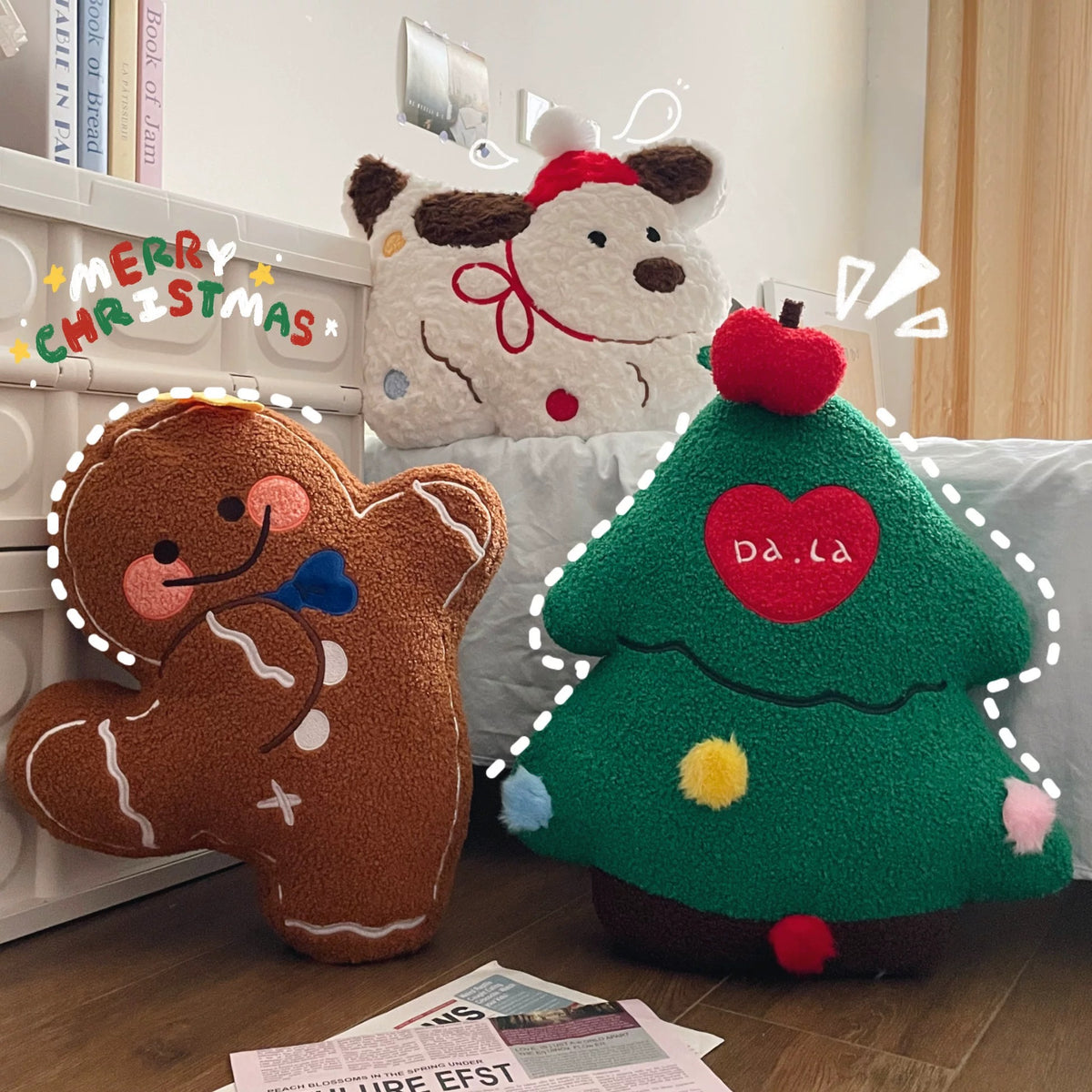 Gingerbread man pillow and Christmas tree pillow in a festive bedroom setup