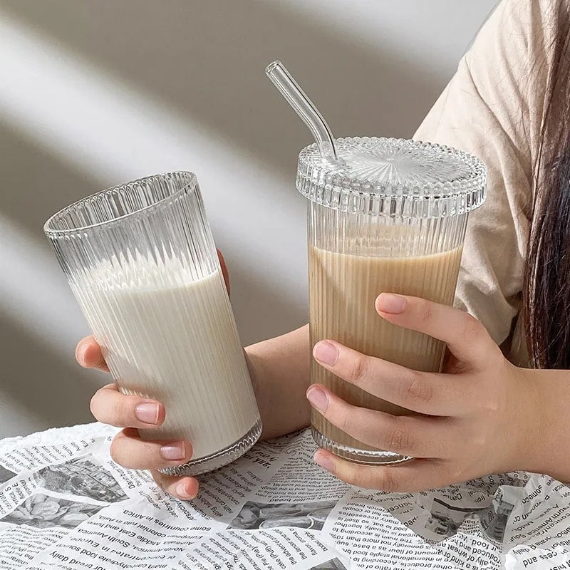 Nordic design ribbed glass cup for daily drinks
