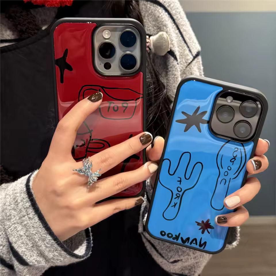 Red epoxy iPhone case with cute pot and cup drawings