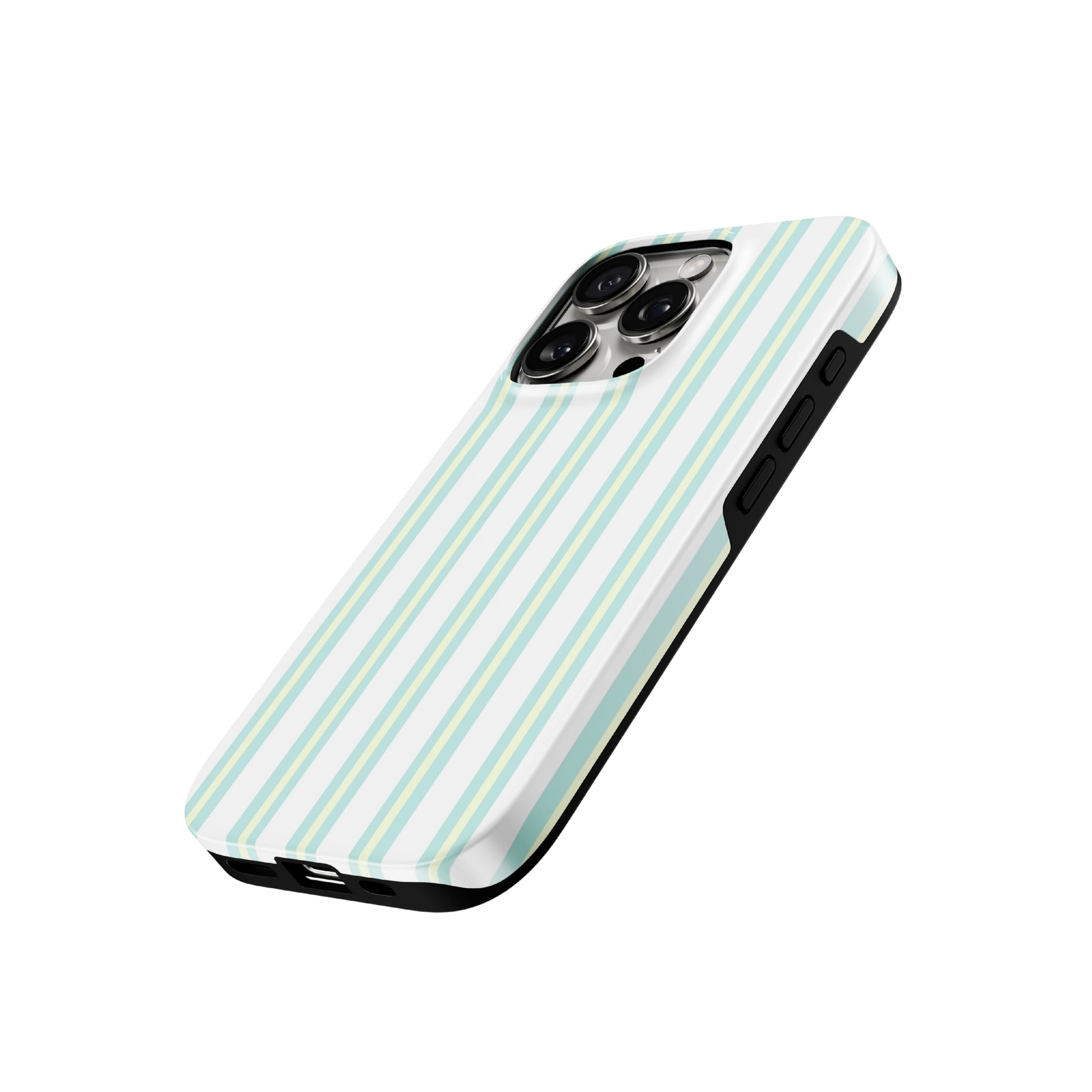 Phone case with blue and white striped design on a white background